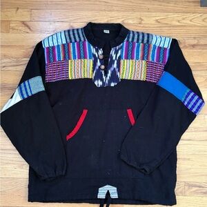 100% Wool Black Pullover Sweater with Multicolor Woven Panels